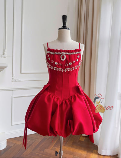Red Satin Strapless Beading Prom Dress