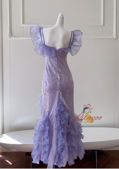 Purple Sequins Straps Prom Dress