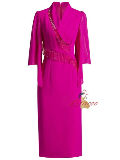 Fuchsia V-neck Beading Mother Of The Bride Dress