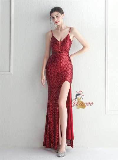 Sexy Straps Split Sequins Prom Dress