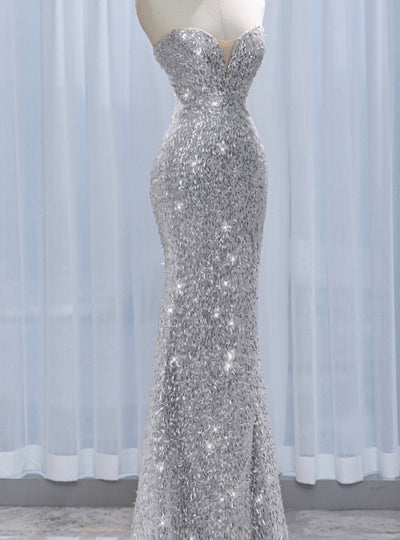 Silver Mermaid Sequins Prom Dress With Shawl