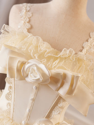 Champagne Satin Tulle Flower Wedding Dress