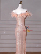 Champagne Mermaid Sequins Feather Prom Dress