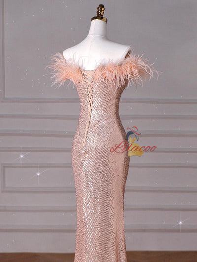Champagne Mermaid Sequins Feather Prom Dress