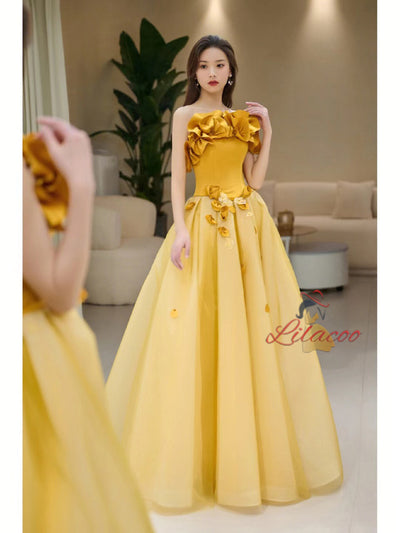 Yellow Strapless Tulle 3D Flower Prom Dress
