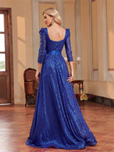Blue Sequins Long Sleeve Prom Dress