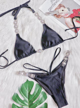 Sexy Crystal Diamond Solid Color Strap Bikini