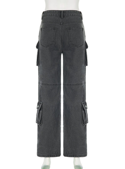 Retro Grey Multi-pocket Straight Slim Jeans