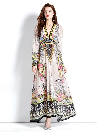 Retro Deep V-neck Lantern Sleeve Printed Dress