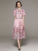 Printed Short-sleeved Pleated Dress