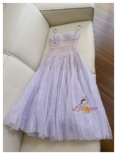Purple Lace Straps Pleats Prom Dress