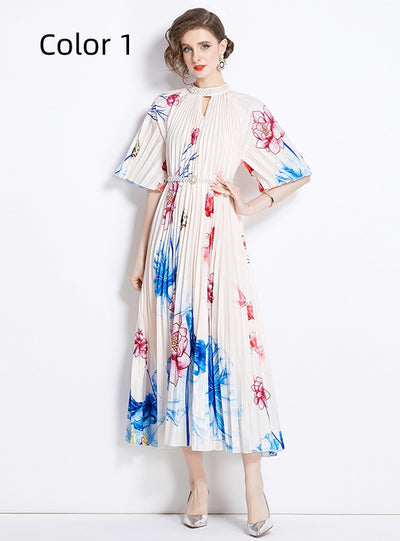 Fashion Beaded Printed Pleated Dress