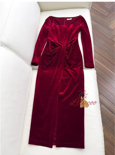 Burgundy Velvet Long Sleeve Split Prom Dress