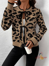 Leopard Bow Tie Knitted Long Sleeve Sweater