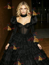 Black Tulle Long Sleeve Prom Dress