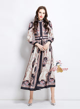 Retro Breasted Print Long Sleeve Dress