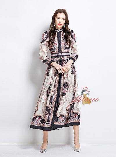 Retro Breasted Print Long Sleeve Dress