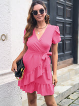 V-neck Ruffled Petal Sleeves Dress