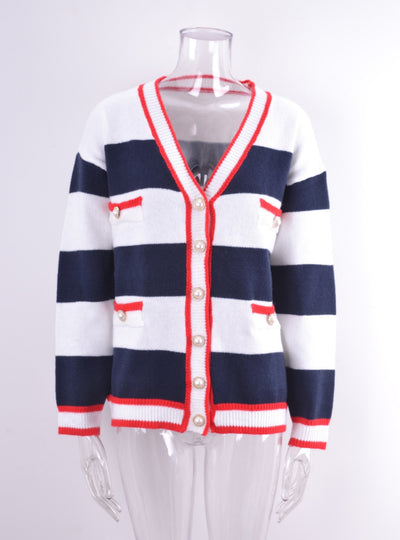 Button V-neck Stitching Loose Sweater