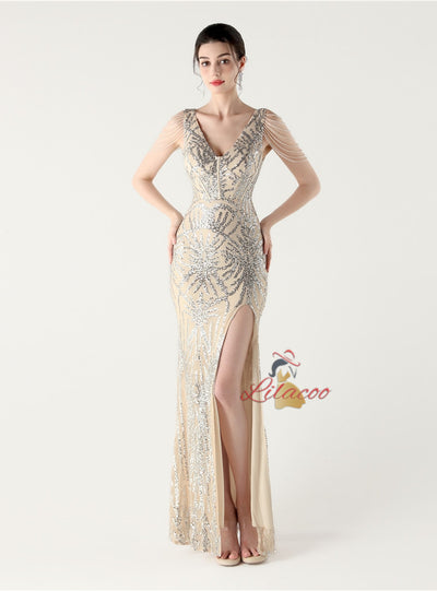 Mermaid Sequins V-neck Beading Prom Dress