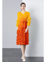 Folding Wooden Ear Ruffled Slim V-neck Gradient Dress