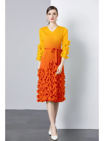 Folding Wooden Ear Ruffled Slim V-neck Gradient Dress