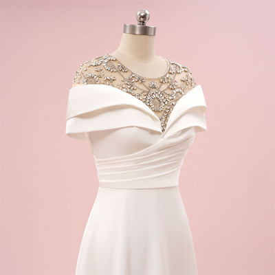 White Scoop Crystal Cap Sleeve Pleats Prom Dress