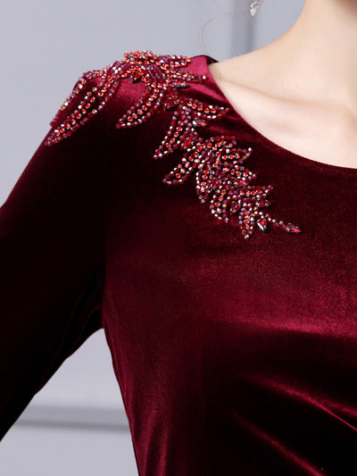 Burgundy Velvet Beading Mother Of The Bride Dress