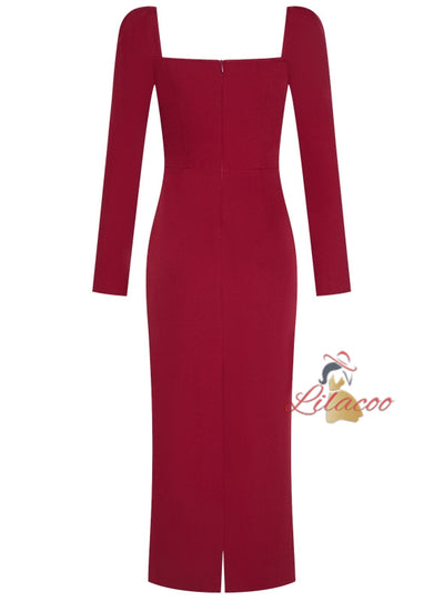 Burgundy Long Sleeve Crystal Prom Dress