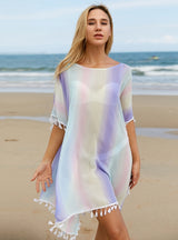 Round Neck Bat Sleeve Rainbow Dress Beach Cover Up