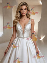White Satin Straps Beading Wedding Dress