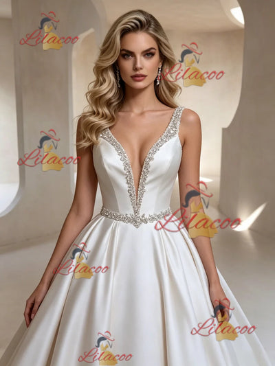 White Satin Straps Beading Wedding Dress