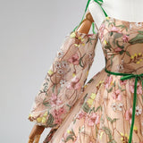 Champagne Long Sleeve Embroidery Prom Dress