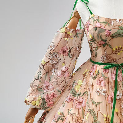 Champagne Long Sleeve Embroidery Prom Dress