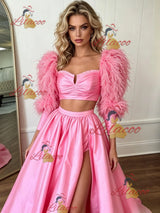 Pink Satin Long Sleeve Two Piece Prom Dress