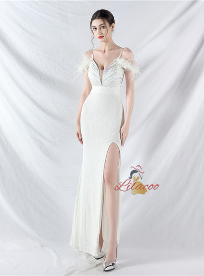 Spaghetti Straps Sequins Split Prom Dress