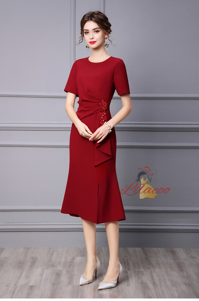 Burgundy Short Sleeve Beading Mother Of The Bride Dress