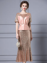 Burgundy Sequins Short Sleeve Mother Of The Bride Dress