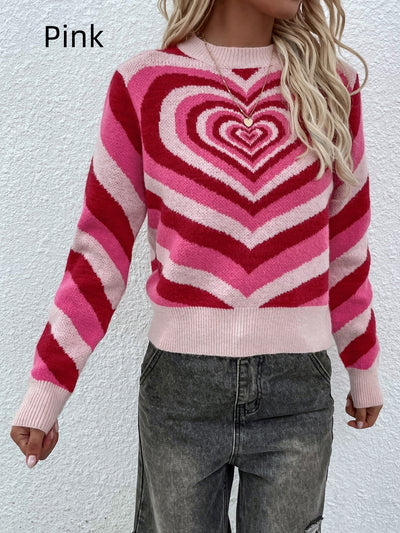 Striped Heart Round Neck Pullover Sweater