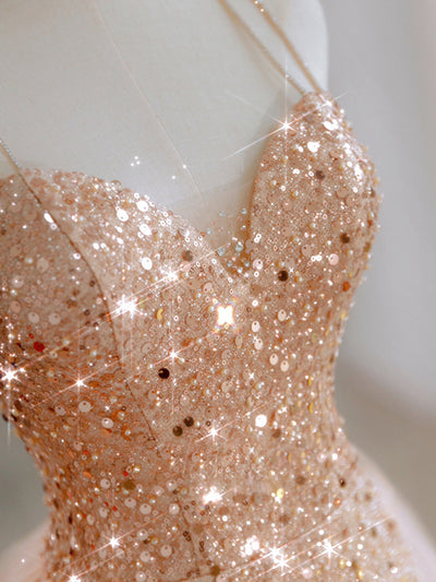 Gold Sequins Straps Split Prom Dress