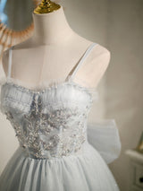 Gray Tulle Straps Sequins Beading Homecoming Dress