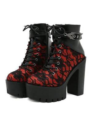 Retro Lace Red High-heeled Thick-heeled Platform Boots