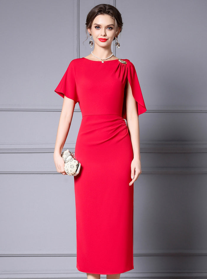 Red Pleats Mother of the Bride Dress