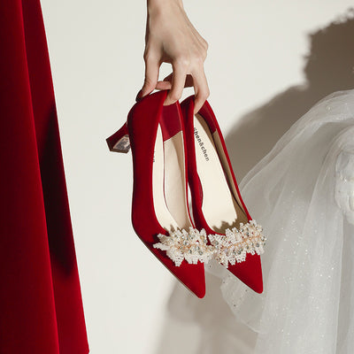 Thick-heeled Pointed Red Wedding Shoes