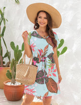 Floral Printed V-neck Short Sleeve Loose Dress