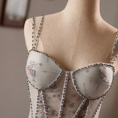 Gray Tulle Sequins Straps Beading Homecoming Dress