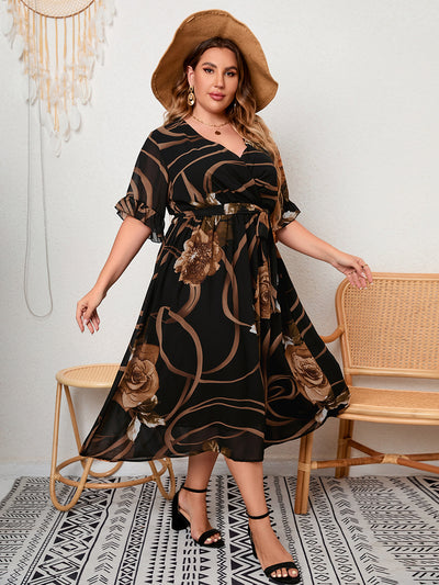 Printed V-neck Flared Sleeve Plus Size Dress