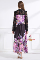 Deep V-neck Lace Horn Sleeve Printed Long Dress
