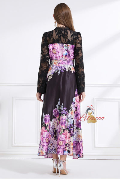 Deep V-neck Lace Horn Sleeve Printed Long Dress