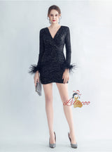 Long Sleeve V-neck Sequins Mini Prom Dress